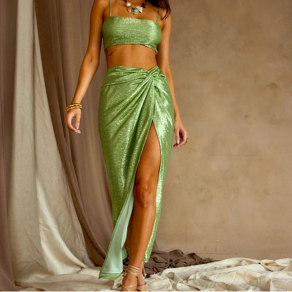 12th Tribe Toulouse Metallic Sage Maxi Skirt Size M